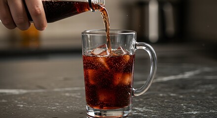 Iced beverage being poured into a clear glass on a dark countertop surface