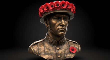 Soldier bronze bust with red poppies