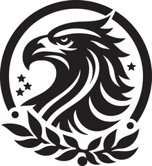 A black and white emblem featuring an eagle head with stars and a laurel wreath design