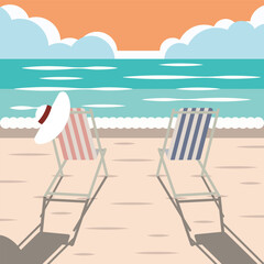 Summer season. Tranquil sunset view. Sunbed on the island. Tropical vacation.