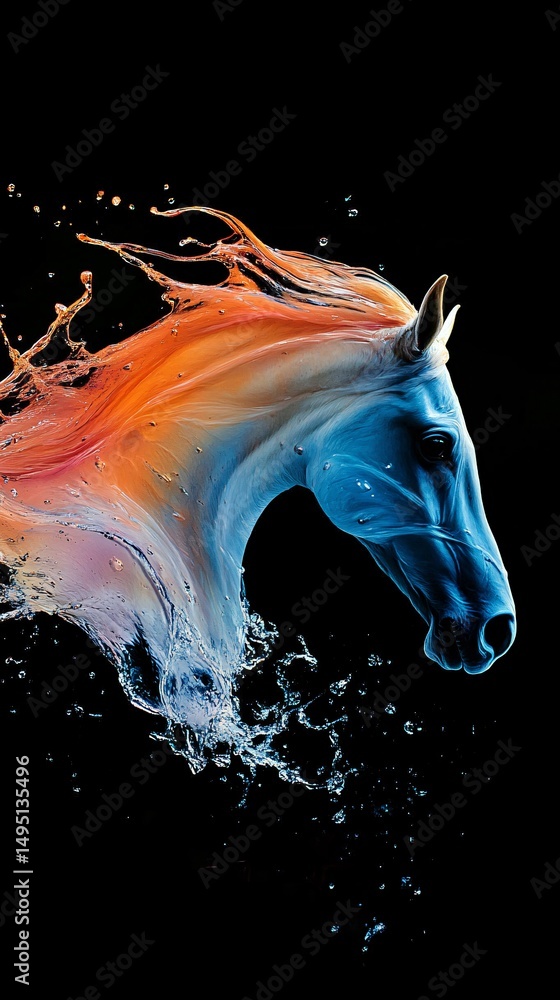 Poster horse portrait emerging from a splash of colorful water creating a stunning visual effect