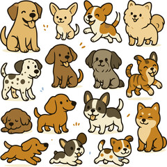 Adorable vector illustration of various cartoon dog breeds in playful and sitting poses. This colorful set features a variety of dog characters including pugs, beagles, bulldogs, and more.