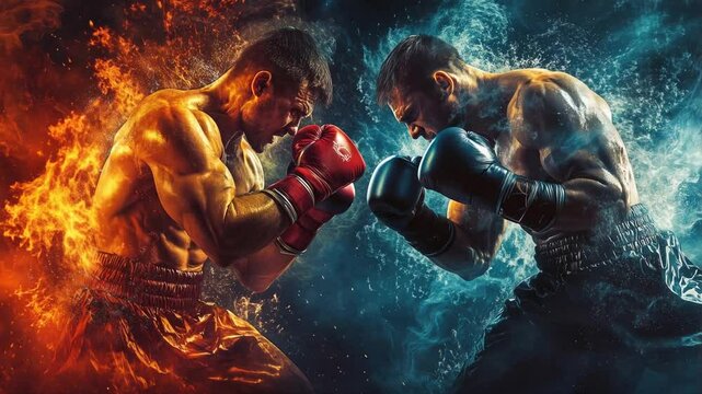 Fighters clash in a gripping showdown, their powerful punches and fierce expressions illustrating the spirit of competition in a thrilling boxing match under dramatic lighting.