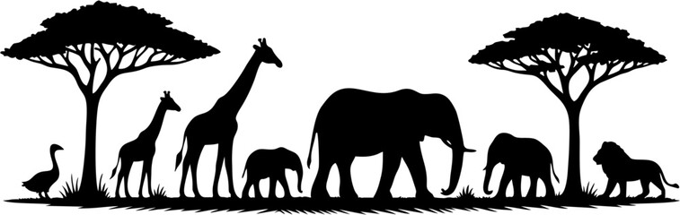 Black silhouette illustration of African wildlife including giraffes, elephants, a lion, and a bird in a savannah landscape with acacia trees.