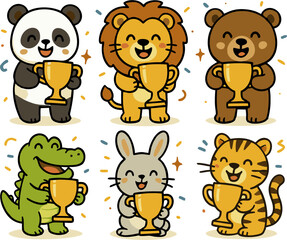 A fun and adorable vector illustration set of cute cartoon animals proudly holding gold trophies, including a panda, lion, bear, crocodile, rabbit, and tiger. 