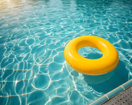 Yellow inflatable ring floating in a clear blue swimming pool summer vacation