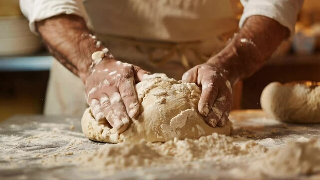 In a cozy kitchen, hands skillfully knead dough on a flour-dusted surface. The warm atmosphere highlights traditional baking techniques and the art of bread-making.