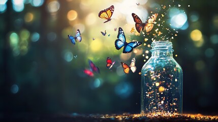 Sparkling Butterflies Emerging from Glass Bottle, Mysterious and Charming Fantasy Scene