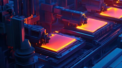 Fototapeta premium Factory floor with glowing iron ingots being processed through pressing machines