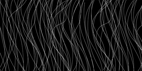 Abstract curving white strings flowing on a black background, seamless loop. Motion. Narrow bending lines, monochrome.
