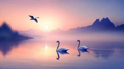 Obraz premium Graceful Swans Swimming in Tranquil Waters, Serene Natural Scenery