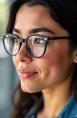 closeup portrait of young latinx woman wearing glasses, smiling softly with thoughtful expression. natural light illuminates her face, highlighting smooth skin and expressive eyes. lifestyle, fashion