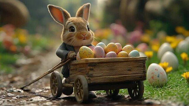 Rabbit easter eggs wooden wagon