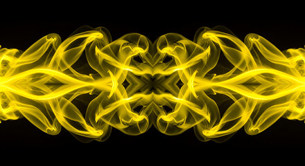 Abstract symmetrical yellow smoke pattern against a black background. Intricate smoke formations with a mirrored symmetry. Abstract art design for creative use -