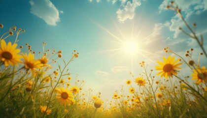 Bright summer day with vibrant flowers under clear blue sky and shining sun in a picturesque meadow filled with yellow blooms and gentle clouds Generative AI