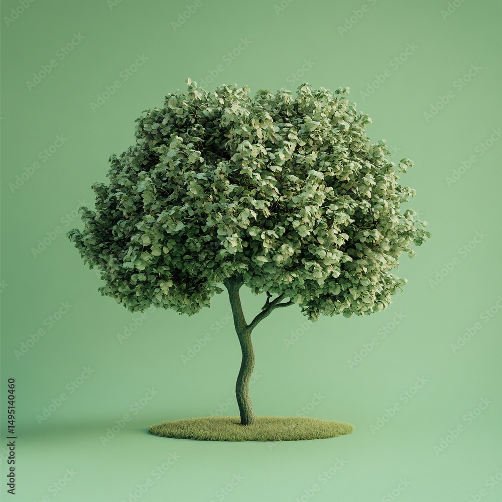 Poster green tree rendering emerging from grassy surface, symbolizing environmental sustainability with viv