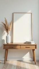 Elegant white frame portrait mockup; wooden console, dry grass, books, soft blanket , lagurus, peaceful