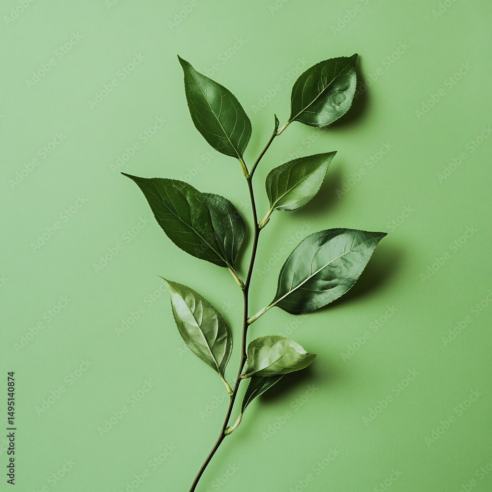 Poster Studio shot of a single green branch with leaves on a matching green background, creating a harmonious and natural aesthetic