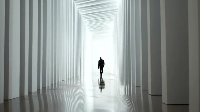 A solitary figure walking through a minimalist corridor with white pillars and reflective floor