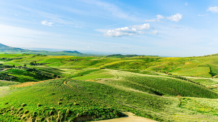 Picturesque landscape of summer green hills under a beautiful sunset sky with clouds. Wildflowers on a green grass meadow. European hills and meadows, Italy.