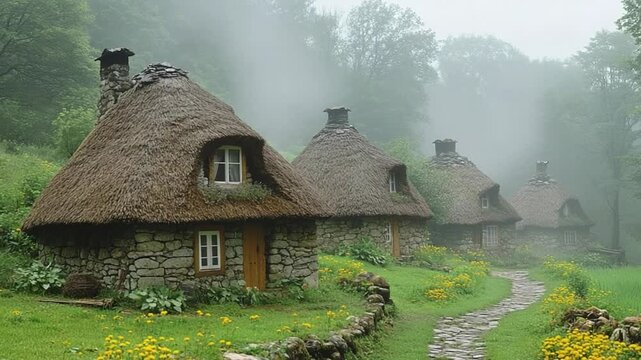 Rural Cottages Under Misty Veil: A scenic row of quaint thatched-roof cottages nestled in a picturesque countryside landscape, enveloped by a serene morning mist. This evokes a feeling of tranquility.