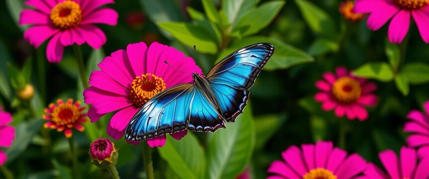 A vibrant blue tiger butterfly delicately perched on a bright pink zinnia, lush green foliage backdrop, bloom, invertebrate