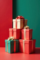 Fototapeta premium Neat stack of festively wrapped gift boxes, copy space available , decor, silver, card