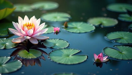 Water lilies and lotus blossoms form intricate pattern on calm lake surface, flowers, floral, colorful