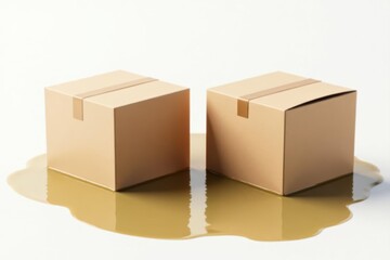 Fototapeta premium Pair of waterlogged brown cardboard boxes isolated on white, liquid, element