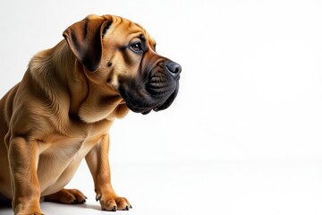 Obraz premium Imposing mastiff, head tilt, pure white backdrop, studio photography, isolated, ears