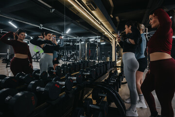 Three women are exercising and taking photos in a gym full of fitness equipment, reflecting in a mirror and posing with weights in an active, determined atmosphere.