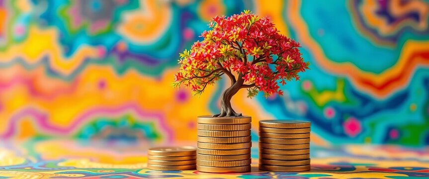 Vibrant tree sprouting from stacked coins on colorful backdrop,  deposit,  profit