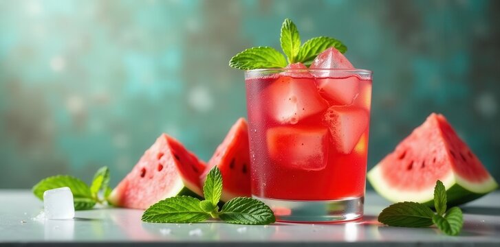 Refreshing watermelon mint cocktail in shaker, ice cubes visible, preparation, tart, close up