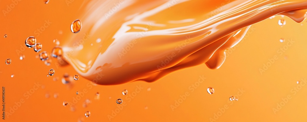 Poster orange liquid splashing, generating dynamic droplets amid bright tangerine background