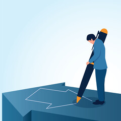 A man draws an arrow pointing in the opposite direction to the existing one. A metaphorical illustration for resistance to change, fighting against uniformity and making a difference.