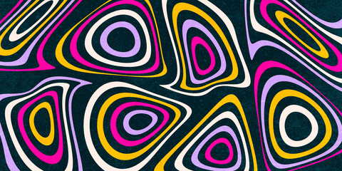 Abstract Retro Background with Colorful Wavy Circles and Grunge Texture, Groovy, Geometric Background, Bright Lines