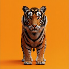 Obraz premium Studio shot of a tiger standing on an orange background, conveying power and beauty of wildlife