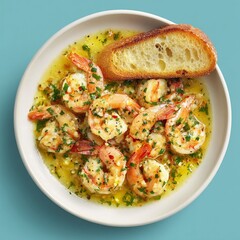Delicious shrimp scampi served in a white bowl garnished with herbs and accompanied by a slice of toasted bread on a teal background
