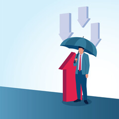 A man holding an umbrella shields the arrow from falling. A metaphorical illustration of resistance to change, fighting against uniformity and making a difference.