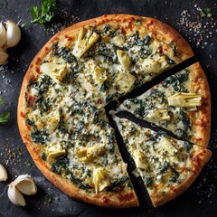 Delicious oven baked artisanal spinach and artichoke cheese pizza with crispy crust and melted cheese served on dark rustic background for food lovers