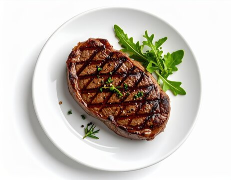 Top view photo of steak with sides, top-down photo, photo of meat on a white plate