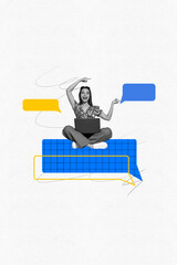 Art image vertical photo collage of happy girl hold laptop type message communication icon...