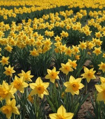 Obraz premium Sunlit field of vibrant yellow daffodils in full bloom , golden flowers, detail, garden