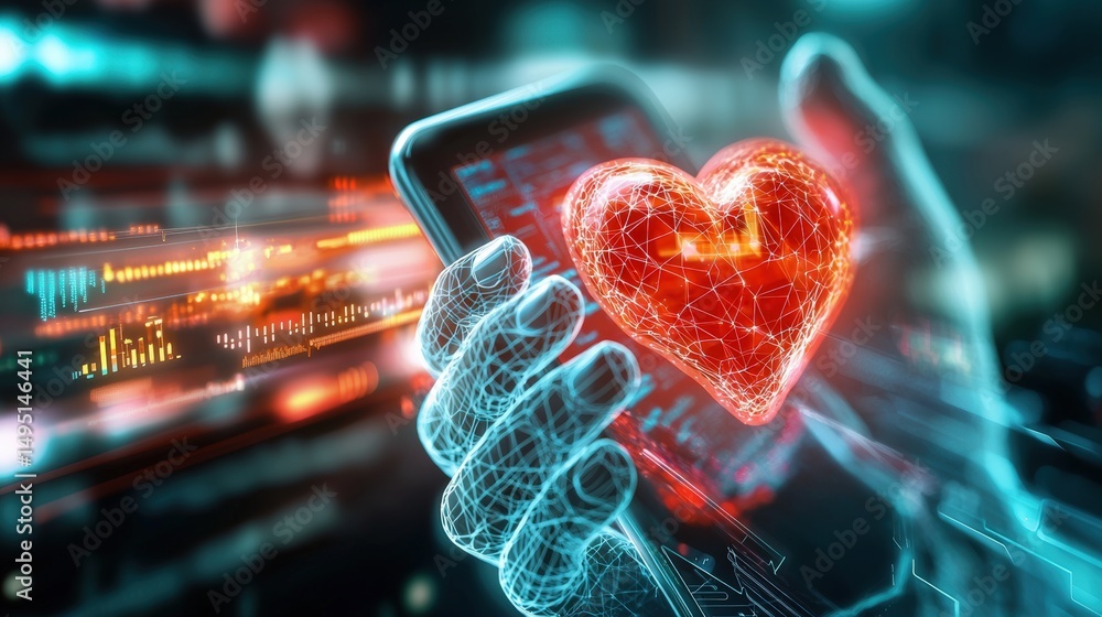 Poster digital heartbeat exploring the intersection of technology and emotions in a futuristic digital envi