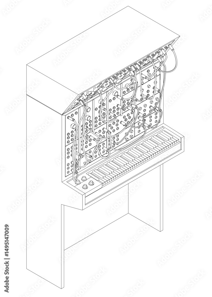 Aufkleber a black and white drawing of a synthesizer with keyboard on a white background. the keyboard is a vi