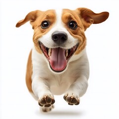 A happy dog is shown running and smiling toward the viewer