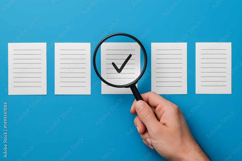 Poster document review and quality control process. a hand holding magnifying glass focuses on completed ch