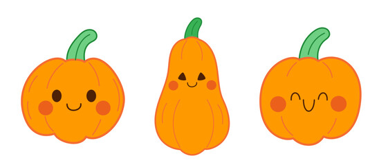 Set of adorable pumpkin characters vector. Flat cartoon pumpkins with happy expressions and green stems.
