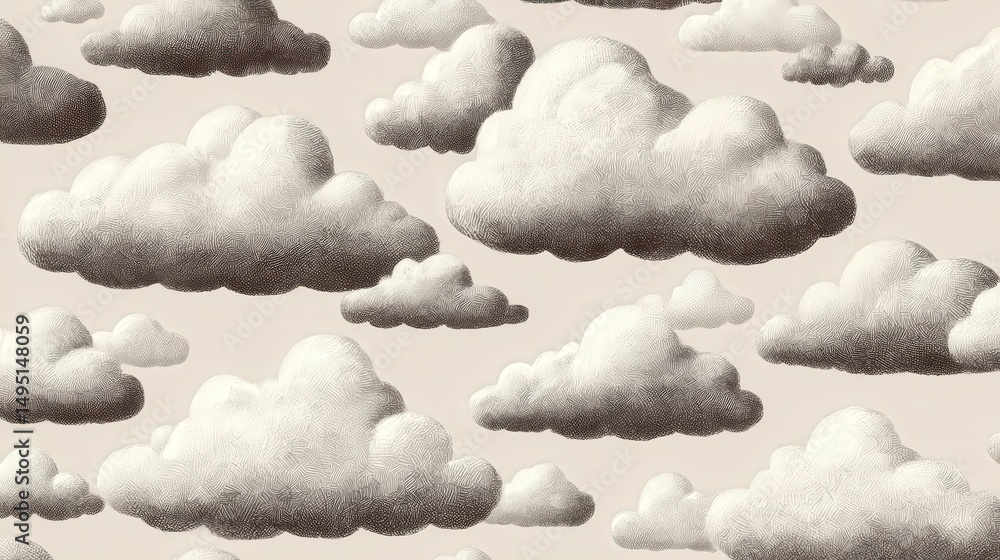 Poster soft gray cloud doodles pattern in clean ink on background