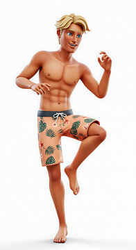 Animated surfer dude wearing flowered swim trunks
